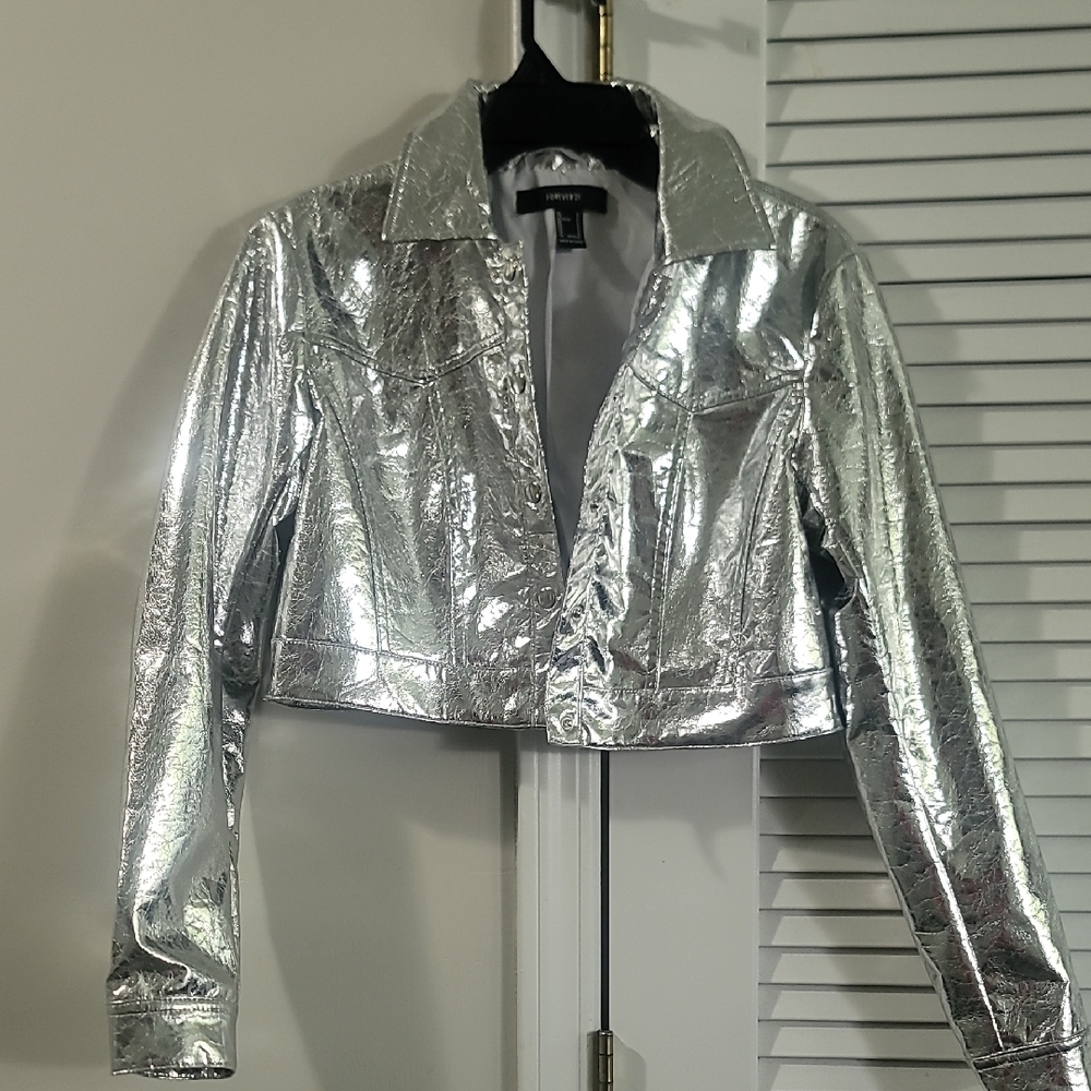 Forever 21 Metallic Silver Cropped Jean Jacket